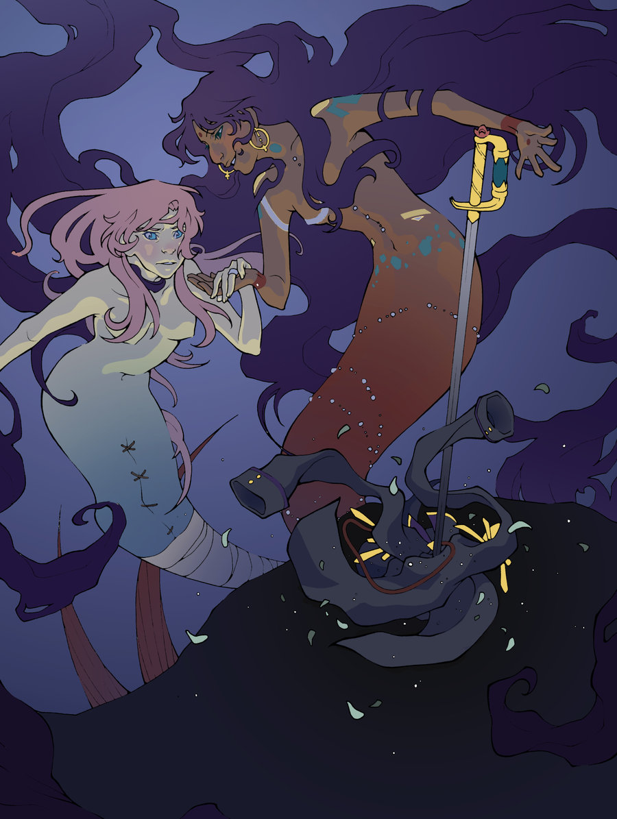 2girls, absurdly_long_hair, aiguillette, alternate_species, arm_tattoo, bandaged_tail, bindi, blue_background