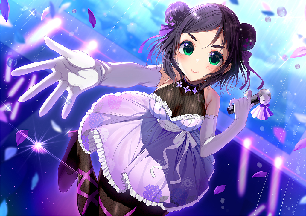 1boy, amamiya_mizuki, black_pantyhose, blush, breasts, cleavage, closed_mouth, confetti