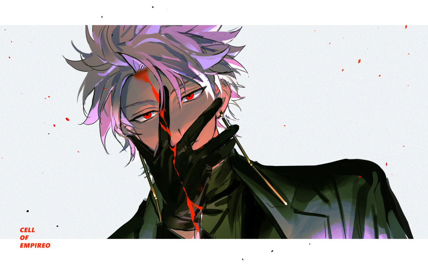 1boy, absurdres, black_gloves, black_jacket, black_shirt, blood_from_forehead, blood, blood_on_clothes, blood_on_face, copyright_name, covering_own_mouth, dutch_angle, earrings, gloves, hand_on_own_face, highres, jacket, jewelry, letterboxed, looking_at_viewer, male_focus, naoneizengzhi, open_clothes, open_jacket, portrait, purple_hair, red_eyes, saibou_shinkyoku, shirt, short_hair, solo, theodore_riddle