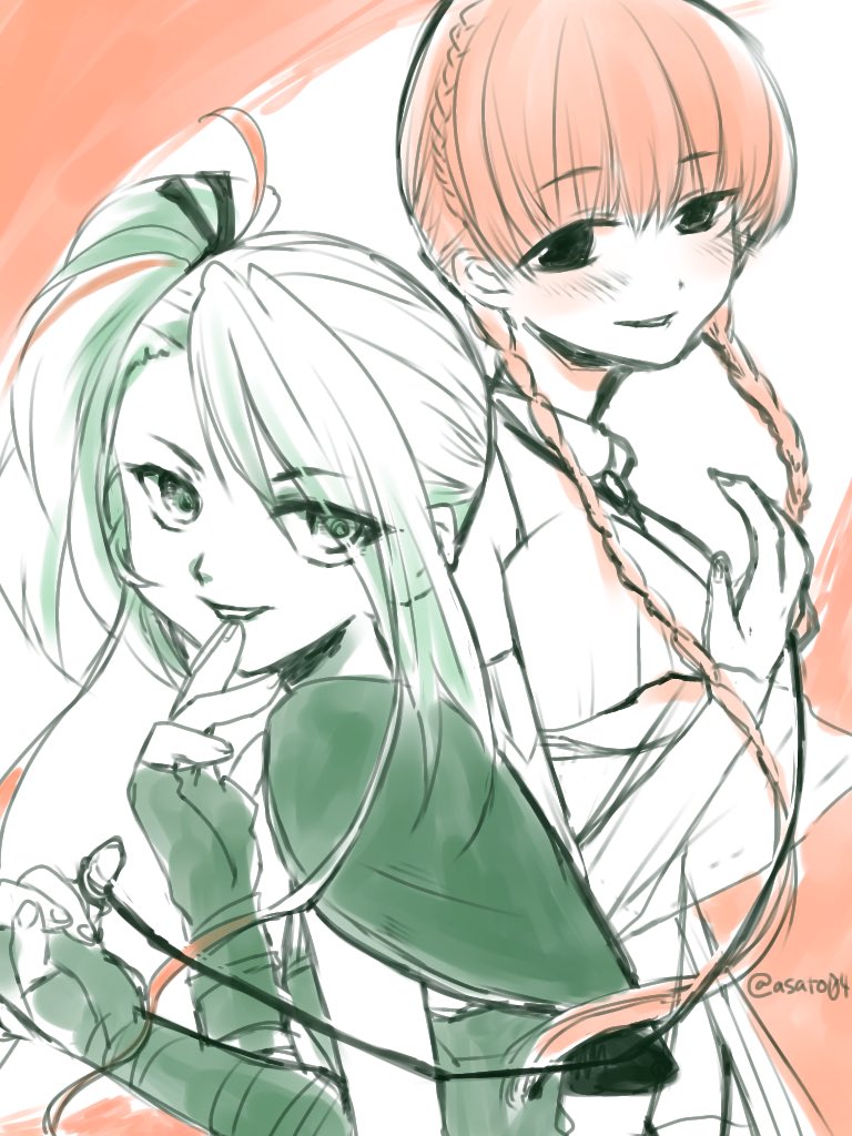 2girls, asato04, braid, capelet, deathpolca, demons_roots, fingerless_gloves, gloves