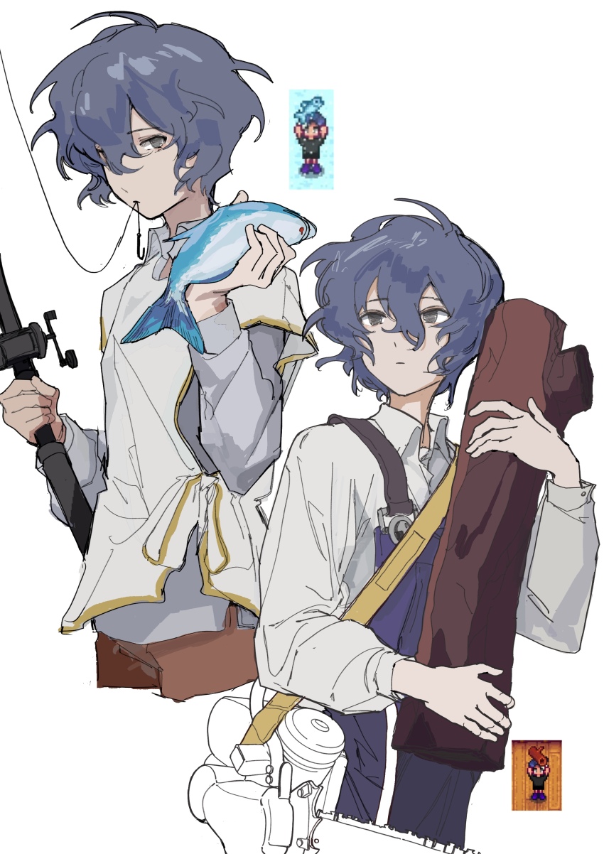 1boy, absurdres, animal, black_eyes, blue_hair, blue_overalls, brown_pants, chinese_commentary