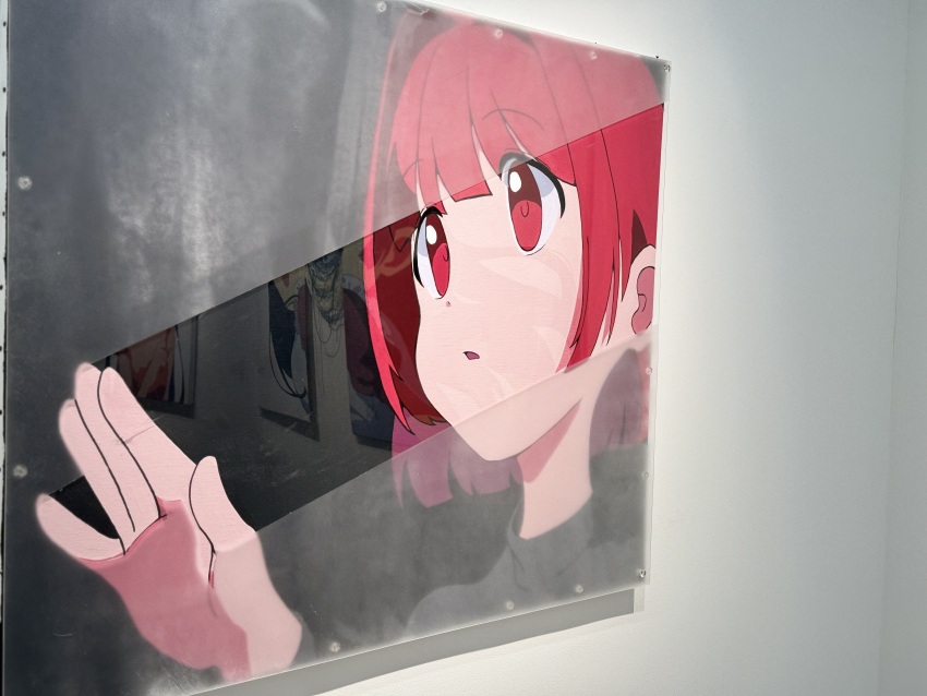 1girl, absurdres, black_background, black_shirt, commentary_request, frosted_glass, hair_intakes, hand_up