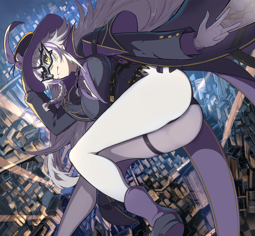 1girl, artist_request, ass, blue_eyes, boots, breasts, cape, from_behind