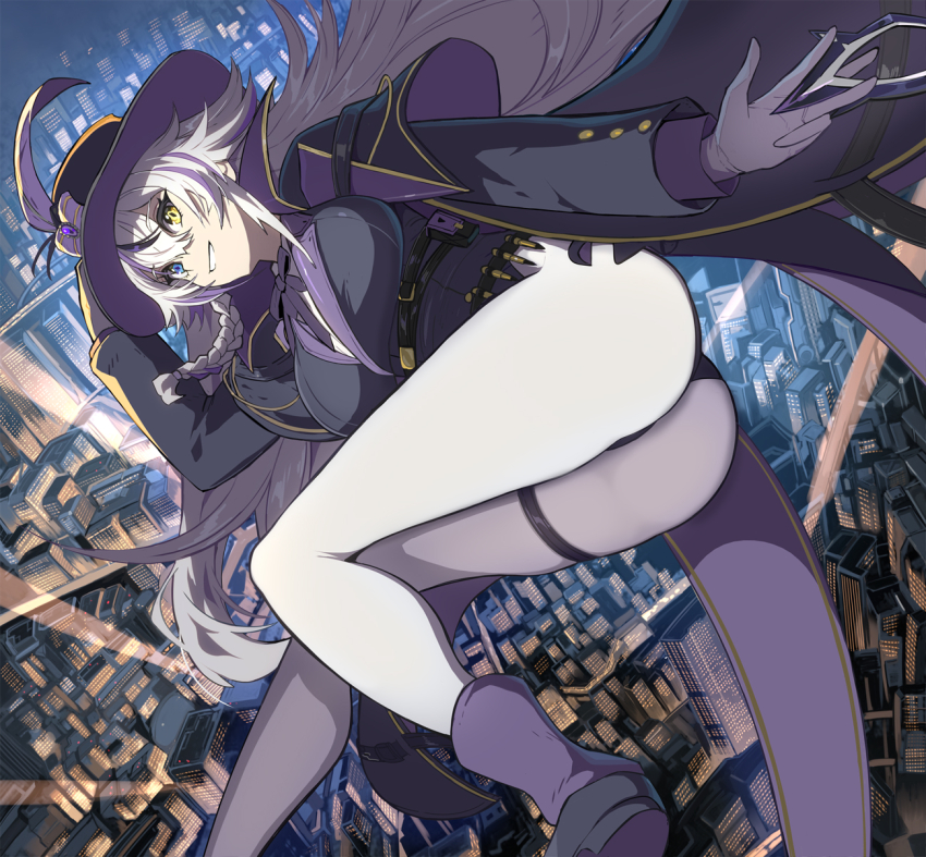 1girl, artist_request, ass, blue_eyes, boots, breasts, cape, from_behind