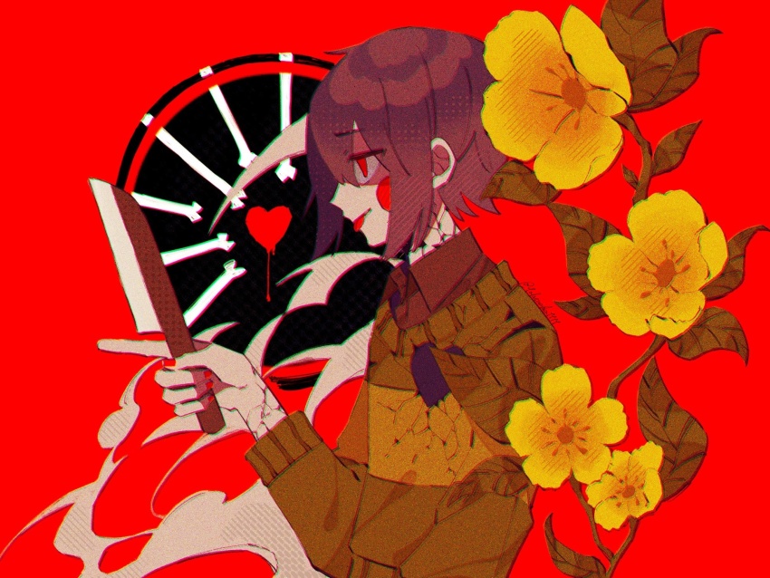 1other, arm_at_side, bob_cut, bone, brown_hair, brown_sweater, chara_(undertale), chromatic_aberration