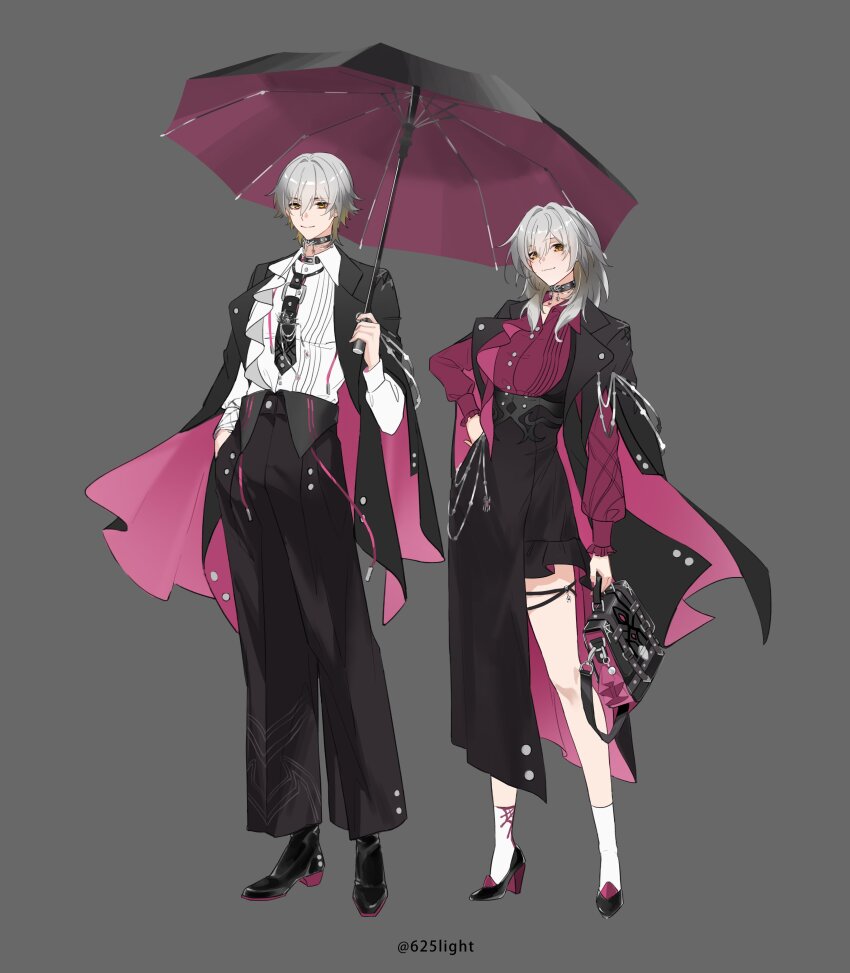 1boy, 1girl, 625light, absurdres, bag, bell-bottoms, black_bag, black_choker