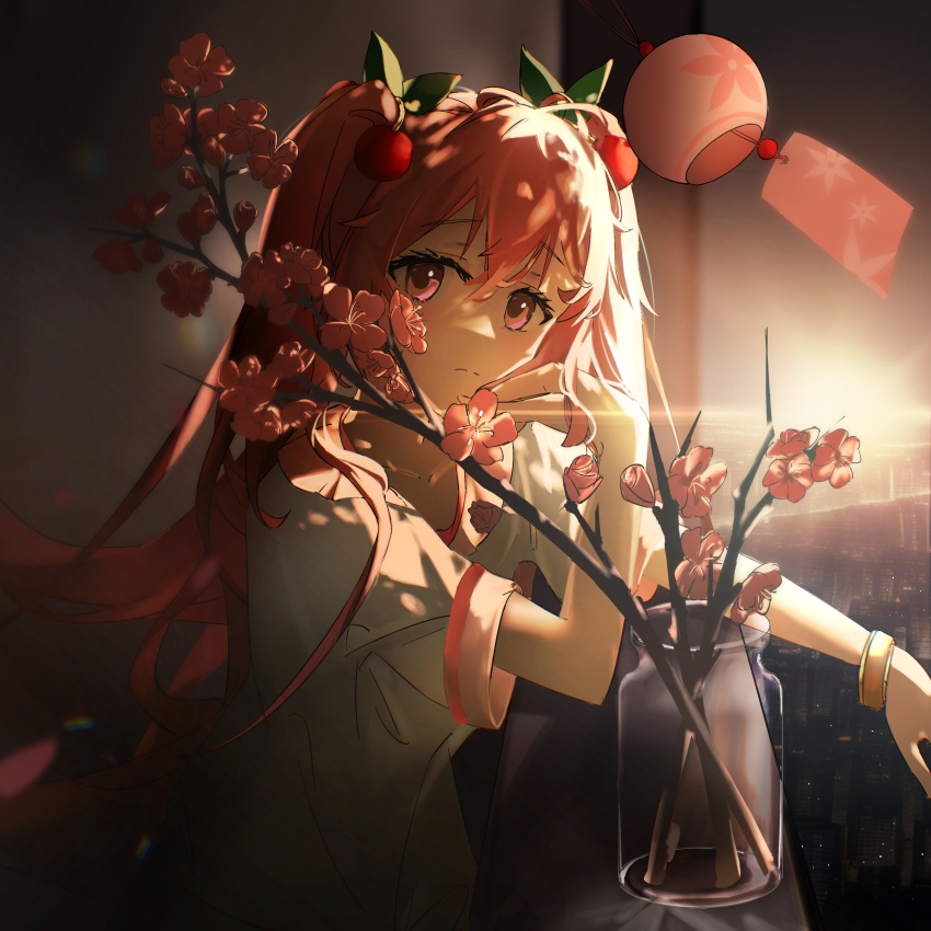 1girl, absurdres, balcony, bottle, city, coomlee, flower, hatsune_miku