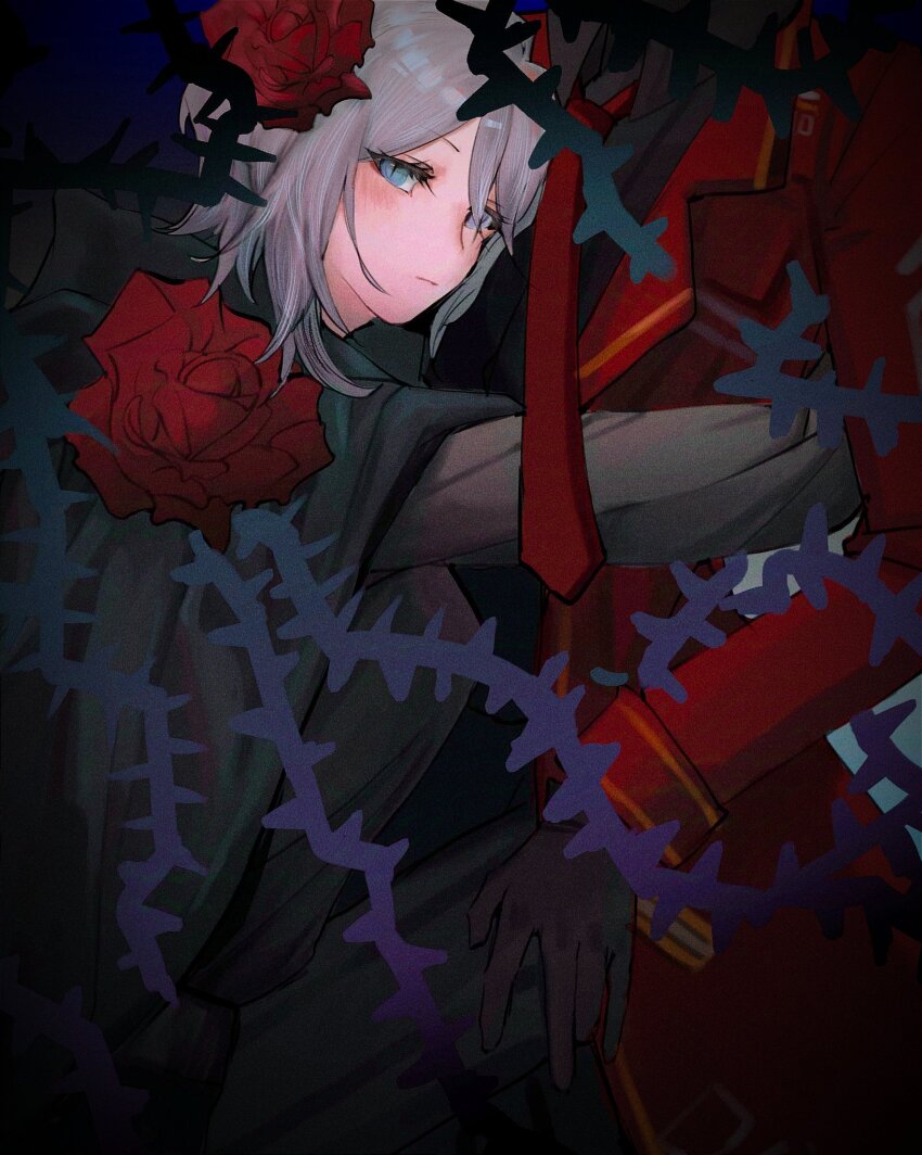 1girl, 1other, barbed_wire, black_gloves, black_shirt, blue_eyes, blush, cape