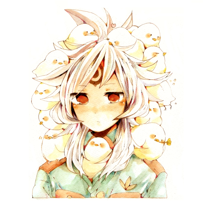1boy, animal, animal_on_head, animal_on_shoulder, baby_animal, baddap_sleed, bird, bird_on_head, bird_on_shoulder, blush, chick, expressionless, facial_mark, forehead_mark, ichiko_(hanakasu), inazuma_eleven, inazuma_eleven_(series), male_focus, military, military_uniform, on_head, red_eyes, solo, tattoo, white_hair
