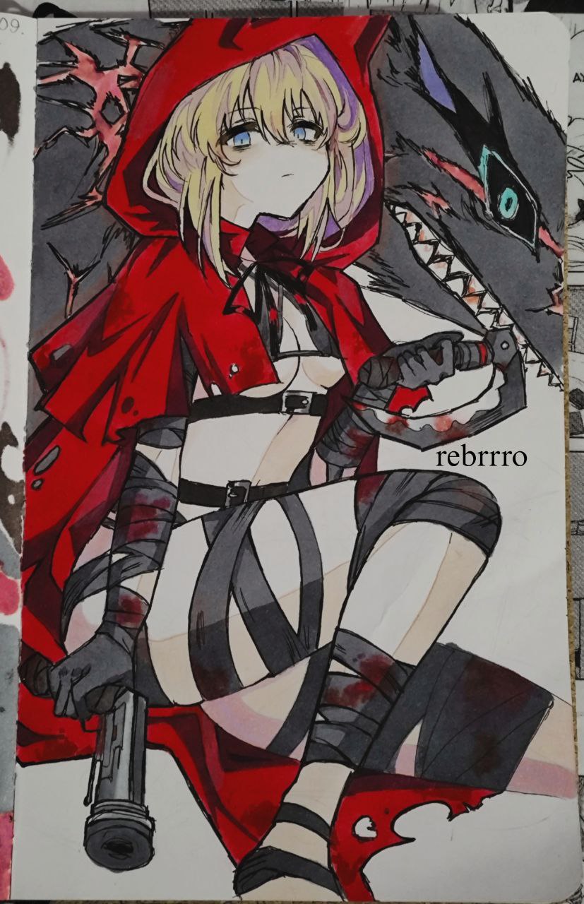 1girl, adapted_costume, antique_firearm, big_and_will_be_bad_wolf, bikini, black_bandages, black_bikini, black_souls, blonde_hair, blue_eyes, cape, capelet, closed_mouth, crimson_scar_(e.g.o), crossover, e.g.o_(project_moon), feet_out_of_frame, firearm, firelock, flintlock, full_body, gun, highres, holding, holding_gun, holding_weapon, hood, hooded_cape, hooded_capelet, lobotomy_corporation, looking_at_viewer, project_moon, rebrrro, red_cape, red_capelet, red_hood_(black_souls), short_hair, sidelocks, simple_background, solo, swimsuit, weapon, white_background