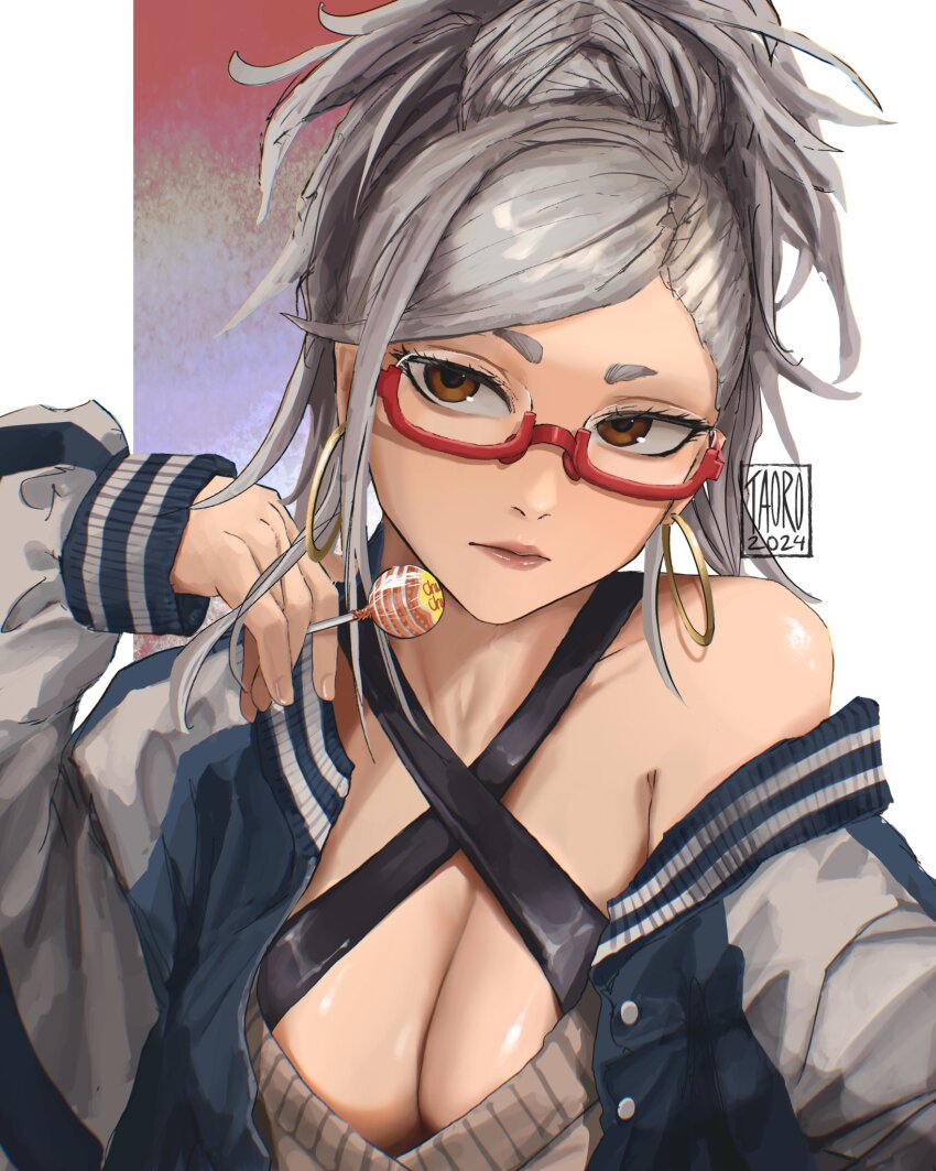 1girl, alternate_costume, alternate_hairstyle, ayase_seiko, bare_shoulders, breasts, brown_eyes, cleavage, dandadan, earrings, glasses, grey_hair, highres, jewelry, large_breasts, long_hair, looking_at_viewer, mature_female, semi-rimless_eyewear, taorotana, white_hair