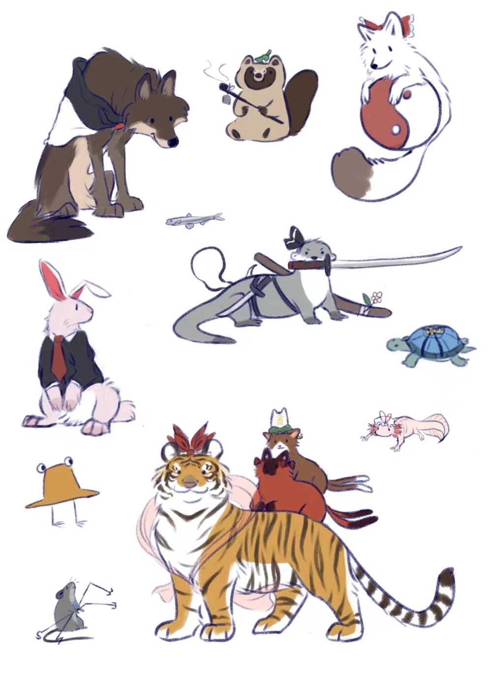 animalization, axolotl, black_jacket, bow, brown_cat, brown_hat, cat, chen, chen_(cat), commentary_request, dowsing_rod, fish, fox, futatsuiwa_mamizou, futatsuiwa_mamizou_(tanuki), glasses, hakurei_reimu, hakurei_reimu_(fox), hat, hat_ribbon, highres, hitodama, imaizumi_kagerou, imaizumi_kagerou_(wolf), jacket, kaenbyou_rin, kaenbyou_rin_(cat), kawashiro_nitori, kawashiro_nitori_(turtle), key, kiseru, konpaku_youmu, konpaku_youmu_(ghost), leaf, leaf_on_head, long_sleeves, mob_cap, mouse_(animal), multiple_swords, nazrin, nazrin_(mouse), necktie, no_humans, orb, otter, pyonta, rabbit, red_bow, red_cat, red_necktie, red_ribbon, reisen_udongein_inaba, reisen_udongein_inaba_(bunny), ribbon, satellitedragon, sheath, smoking_pipe, sword, tanuki, tiger, toramaru_shou, toramaru_shou_(tiger), touhou, unsheathed, wakasagihime, wakasagihime_(fish), weapon, weapon_in_mouth, wolf, yakumo_yukari, yakumo_yukari_(axolotl), yin_yang, yin_yang_orb