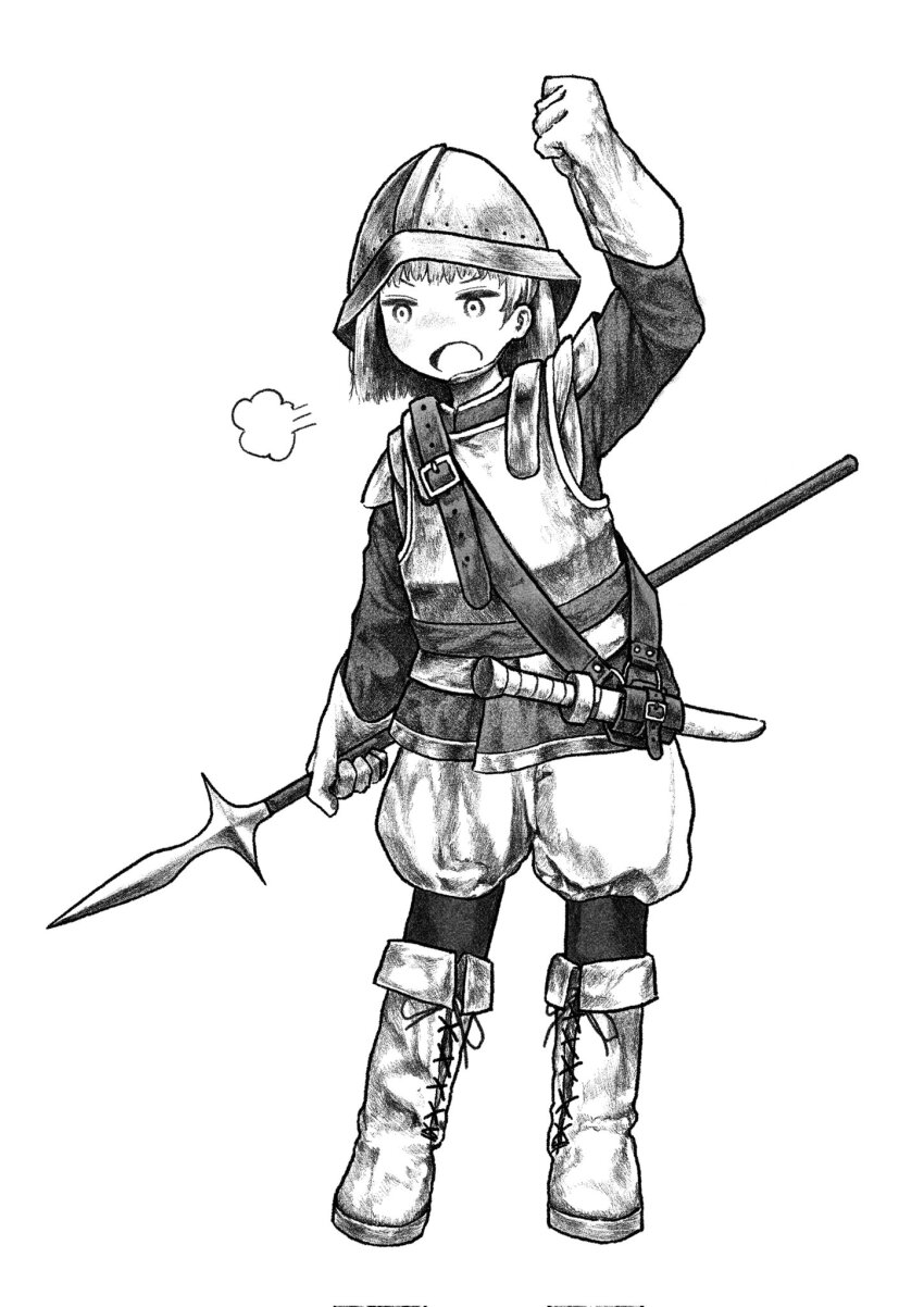 1girl, aged_up, armor, belt, boots, dagger, fist_shaking, gloves