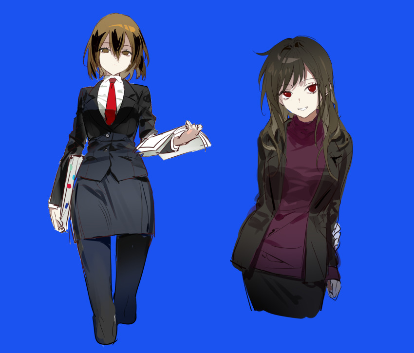 2girls, black_jacket, black_pantyhose, black_skirt, blue_background, breasts, brown_eyes, brown_hair, chinese_commentary, closed_mouth, commentary_request, cropped_legs, expressionless, genderswap, genderswap_(mtf), grin, hair_between_eyes, hair_intakes, hand_on_own_arm, harada_minoru, highres, holding, holding_paper, jabuchi_you, jacket, kitakawayui, lap, long_hair, medium_breasts, multiple_girls, necktie, open_clothes, open_jacket, pantyhose, paper, pencil_skirt, purple_sweater, red_eyes, red_necktie, saibou_shinkyoku, shirt, short_hair, simple_background, skirt, smile, sweater, turtleneck, turtleneck_sweater, white_shirt