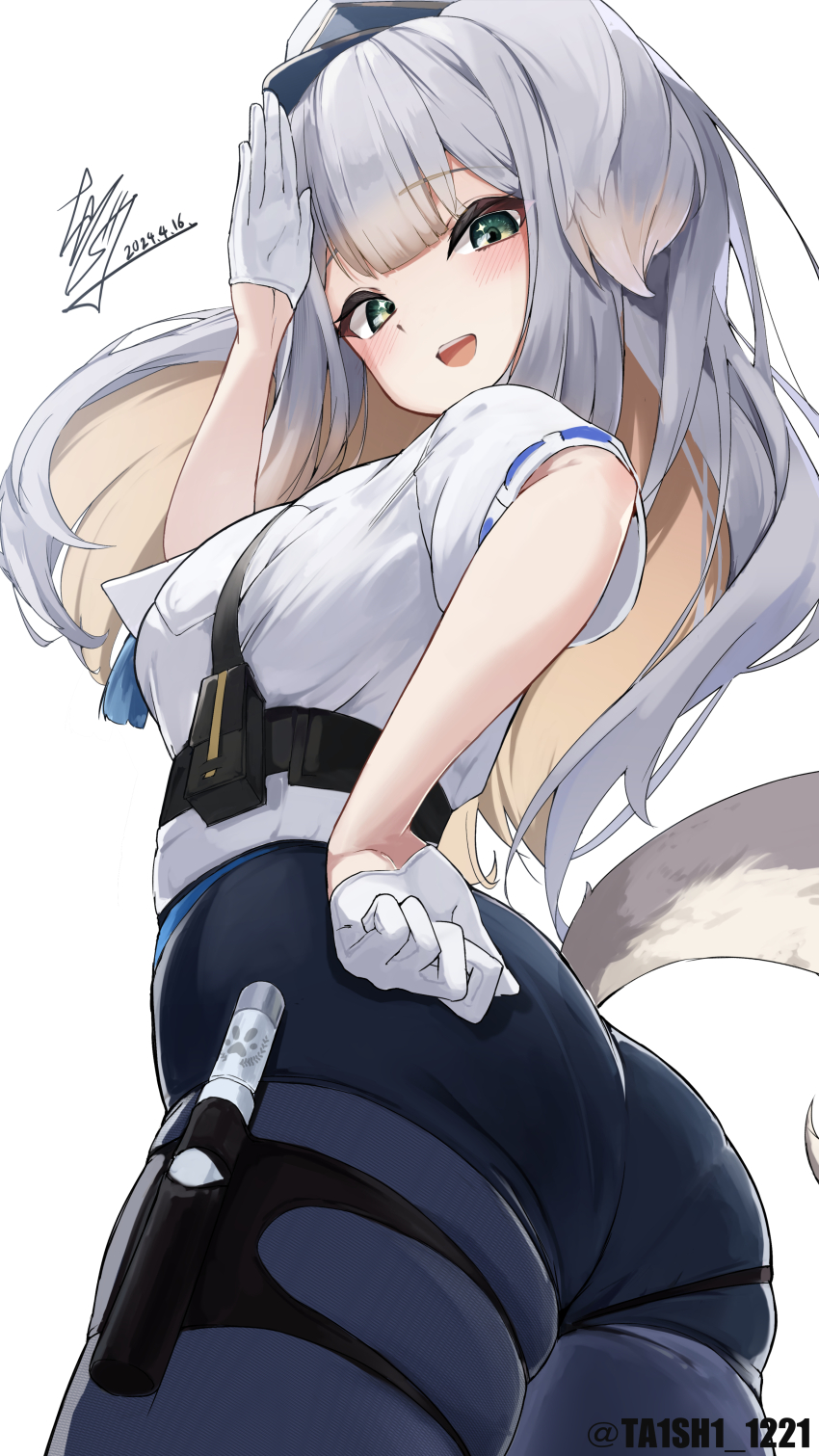 1girl, absurdres, animal_ears, ass, belt, blonde_hair, blue_belt, blue_pantyhose