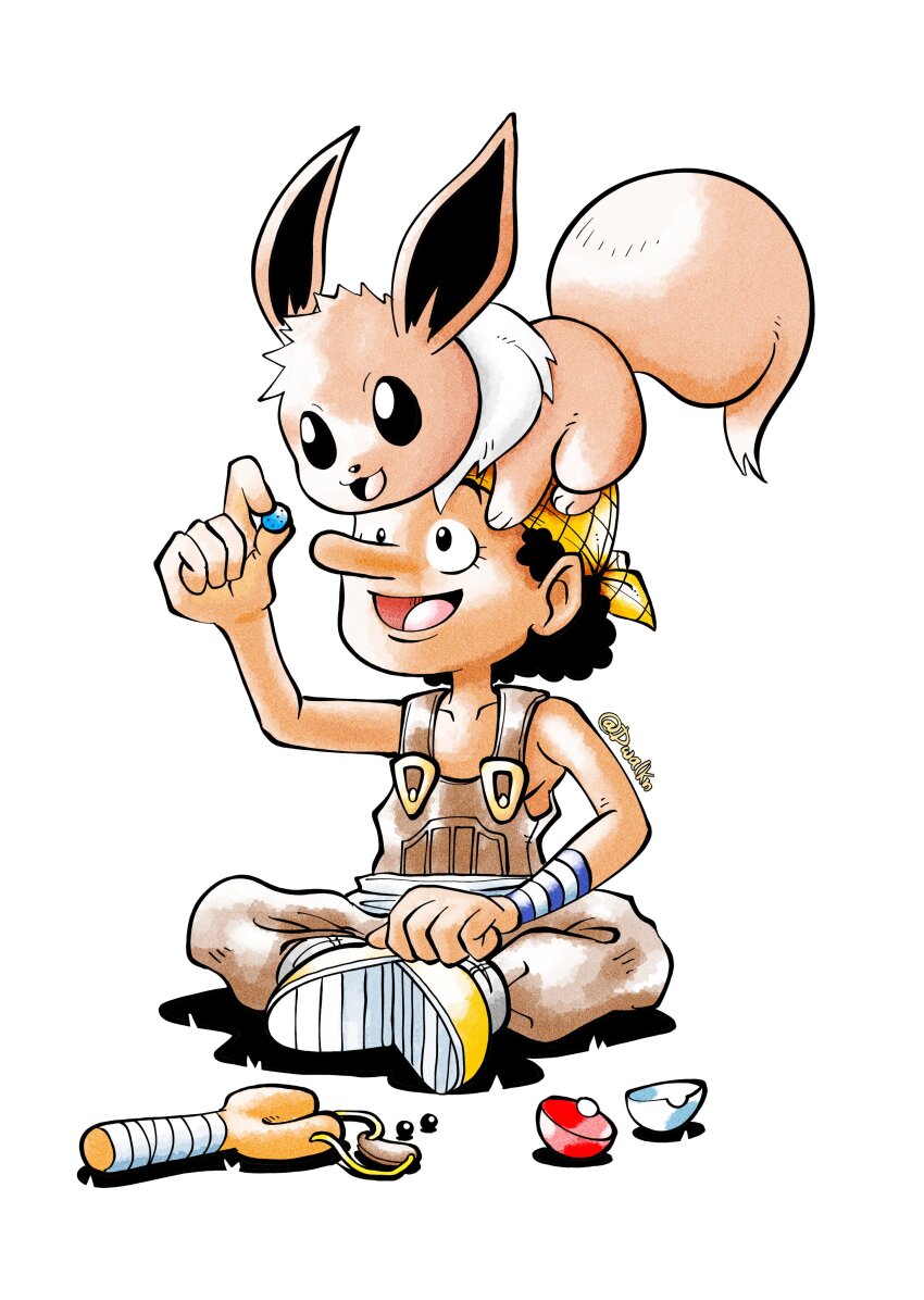 absurdres, afro, aged_down, black_hair, brown_fur, brown_overalls, crossover, dwalkn