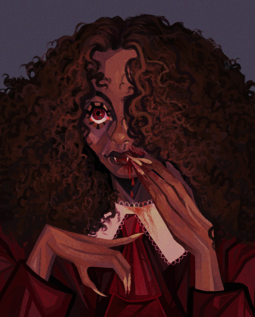 1girl, blood, blood_drip, blood_from_mouth, blood_on_clothes, blood_on_face, blood_on_teeth, blue_background, brown_hair, claudia_(interview_with_the_vampire), collar, collared_dress, commentary, curly_hair, dark-skinned_female, dark_skin, dress, english_commentary, fangs, film_grain, fingernails, freckles, hair_over_one_eye, hands_up, hatching_(texture), highres, horror_(theme), interview_with_the_vampire, long_sleeves, looking_to_the_side, looking_up, open_mouth, portrait, quezify, red_eyes, red_lips, sharp_fingernails, simple_background, smile, solo, teeth, vampire, white_collar
