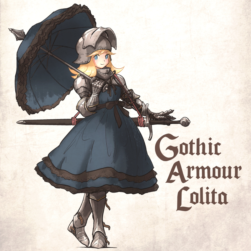 armor, bevor, blonde_hair, blue_eyes, english_text, flanged_mace, gauntlets, gorget, gothic_lolita, gothic_plate_armor, greaves, green_skirt, green_umbrella, hair_between_eyes, highres, holding, holding_sword, holding_umbrella, holding_weapon, ironlily, lolita_fashion, long_sword, original, pauldrons, perlweiss_(ironlily), petticoat, red_rope, rope, sallet, shoulder_armor, skirt, smile, sword, umbrella, weapon