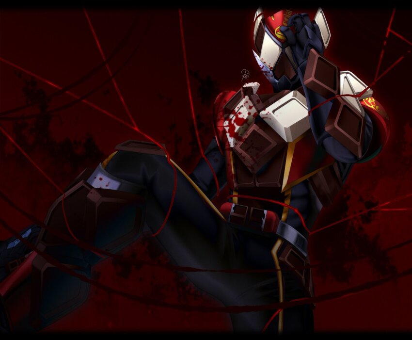 1boy, armor, blood, blood_on_armor, bodysuit, boots, brown_armor, chocodon_(white_chocolate)