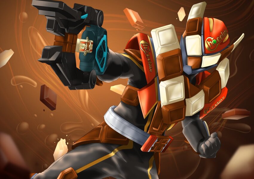 1boy, armor, bodysuit, brown_armor, chocodon_(white_chocolate), chocodon_gochizou, chocolate, energy_gun