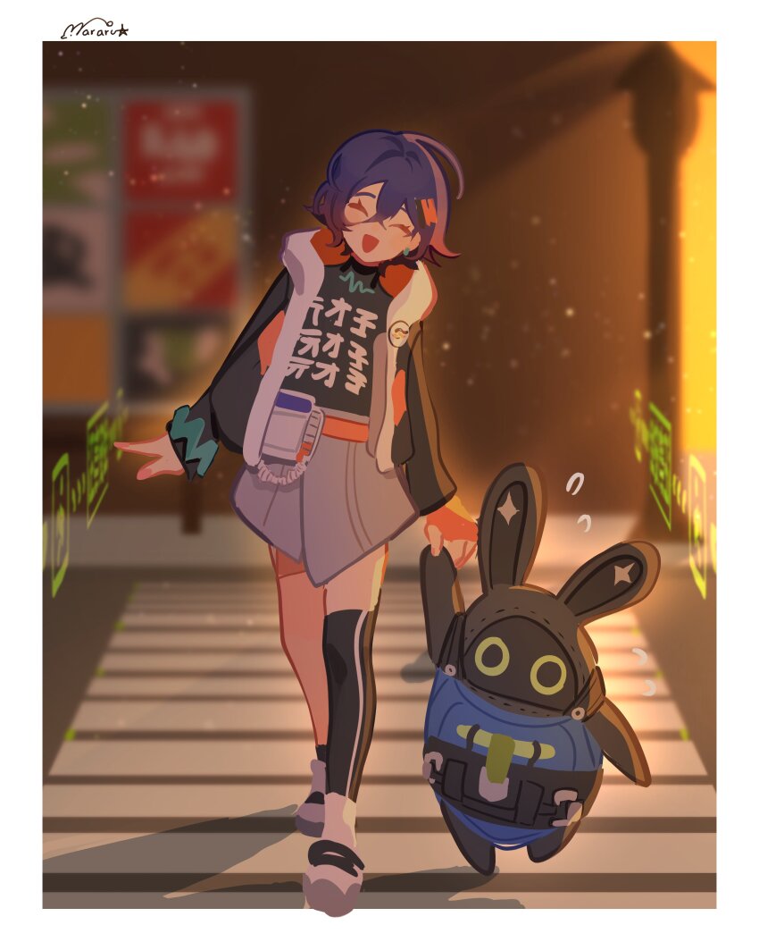 1girl, 1other, absurdres, bangboo_(zenless_zone_zero), belle_(zenless_zone_zero), billboard, black_jacket, black_shirt, black_thighhighs, blue_hair, commentary, crosswalk, english_commentary, facing_viewer, grey_shorts, head_tilt, highres, holding_hands, jacket, long_sleeves, mararu, open_mouth, rabbit, shirt, short_hair, shorts, single_thighhigh, smile, solid_circle_eyes, thighhighs, walking, white_footwear, zenless_zone_zero