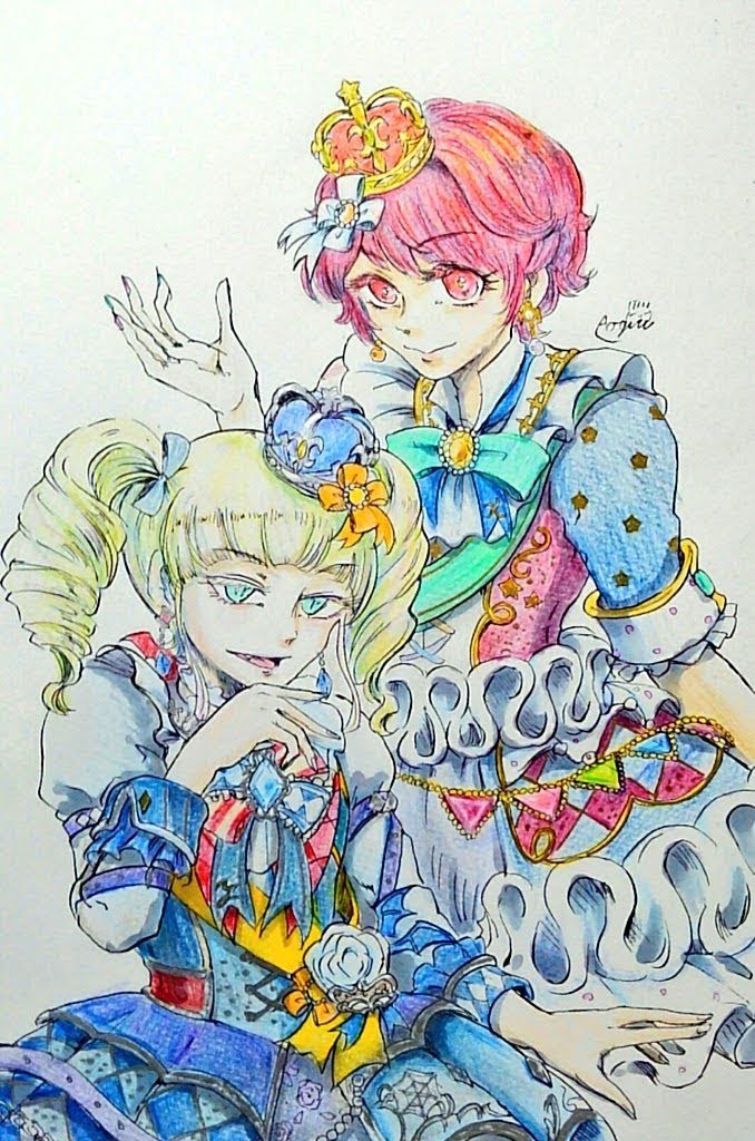 2girls, aikatsu!_(series), aikatsu!_photo_on_stage!!, aogiri_daikon, crown_hair_ornament, gothic_lolita, green_hair, ichinose_kaede, lolita_fashion, multiple_girls, todo_yurika, traditional_media, vampire