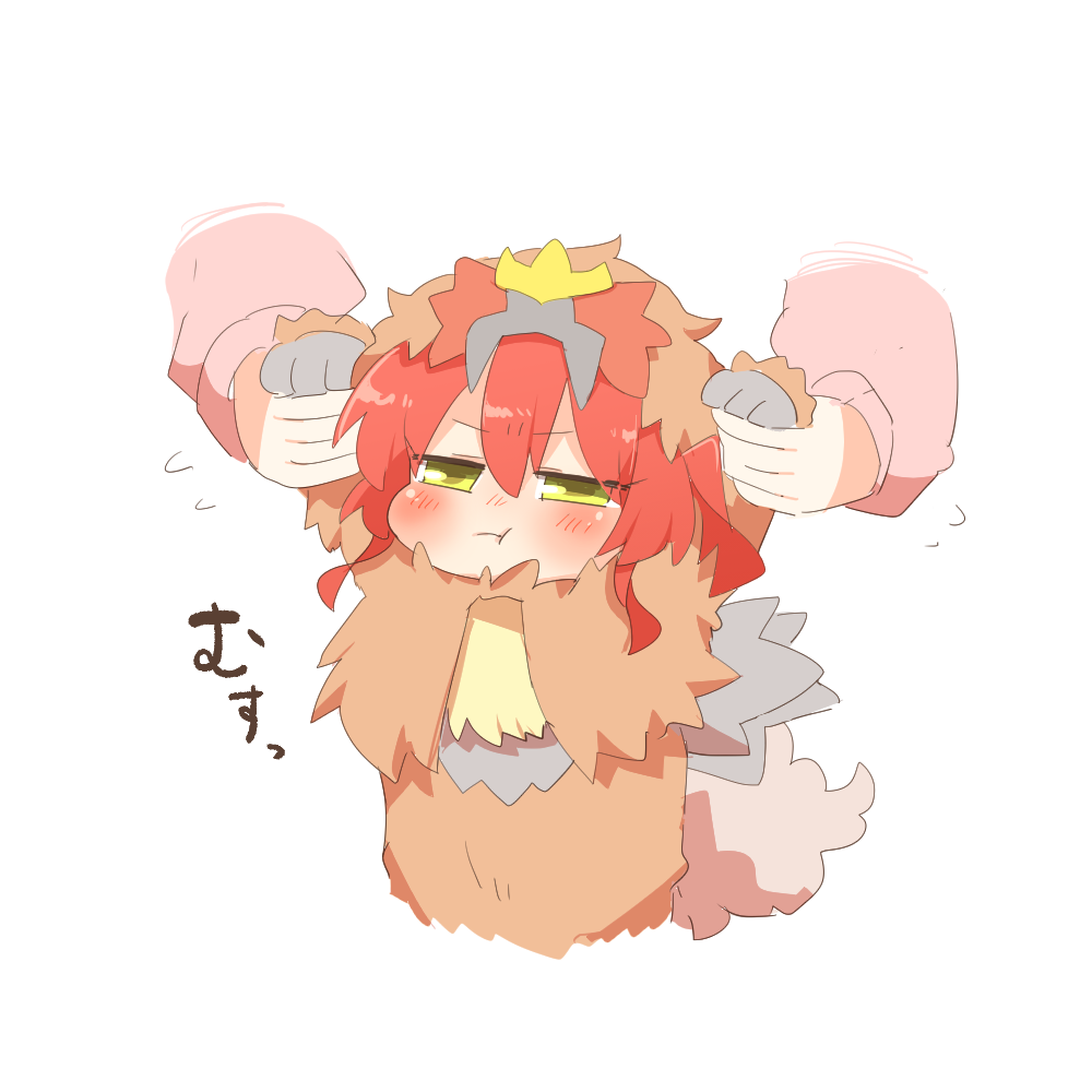 2girls, :t, blush, bocchi_the_rock!, chibi, closed_mouth, commentary_request, cosplay, disembodied_hand, entei, entei_(cosplay), flying_sweatdrops, gen_2_pokemon, gotoh_hitori, green_eyes, hair_between_eyes, half-closed_eyes, hood, hood_up, kita_ikuyo, legendary_pokemon, long_sleeves, multiple_girls, nintendo, pokemon, pout, puffy_long_sleeves, puffy_sleeves, rebecca_(keinelove), red_hair, simple_background, solo_focus, translation_request, white_background