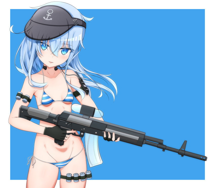 1girl, assault_rifle, bell_shireikan, bikini, black_gloves, black_hat, blue_eyes, blue_hair, blush, breasts, gloves, gun, hat, hibiki_(kancolle), highres, holding, holding_weapon, kantai_collection, light_blue_hair, long_hair, micro_bikini, open_mouth, rifle, side-tie_bikini_bottom, small_breasts, solo, striped_bikini, striped_clothes, swimsuit, visor_cap, weapon