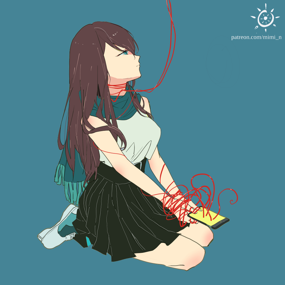 1girl, addiction, black_skirt, blue_background, blue_eyes, brown_eyes, cellphone, from_side