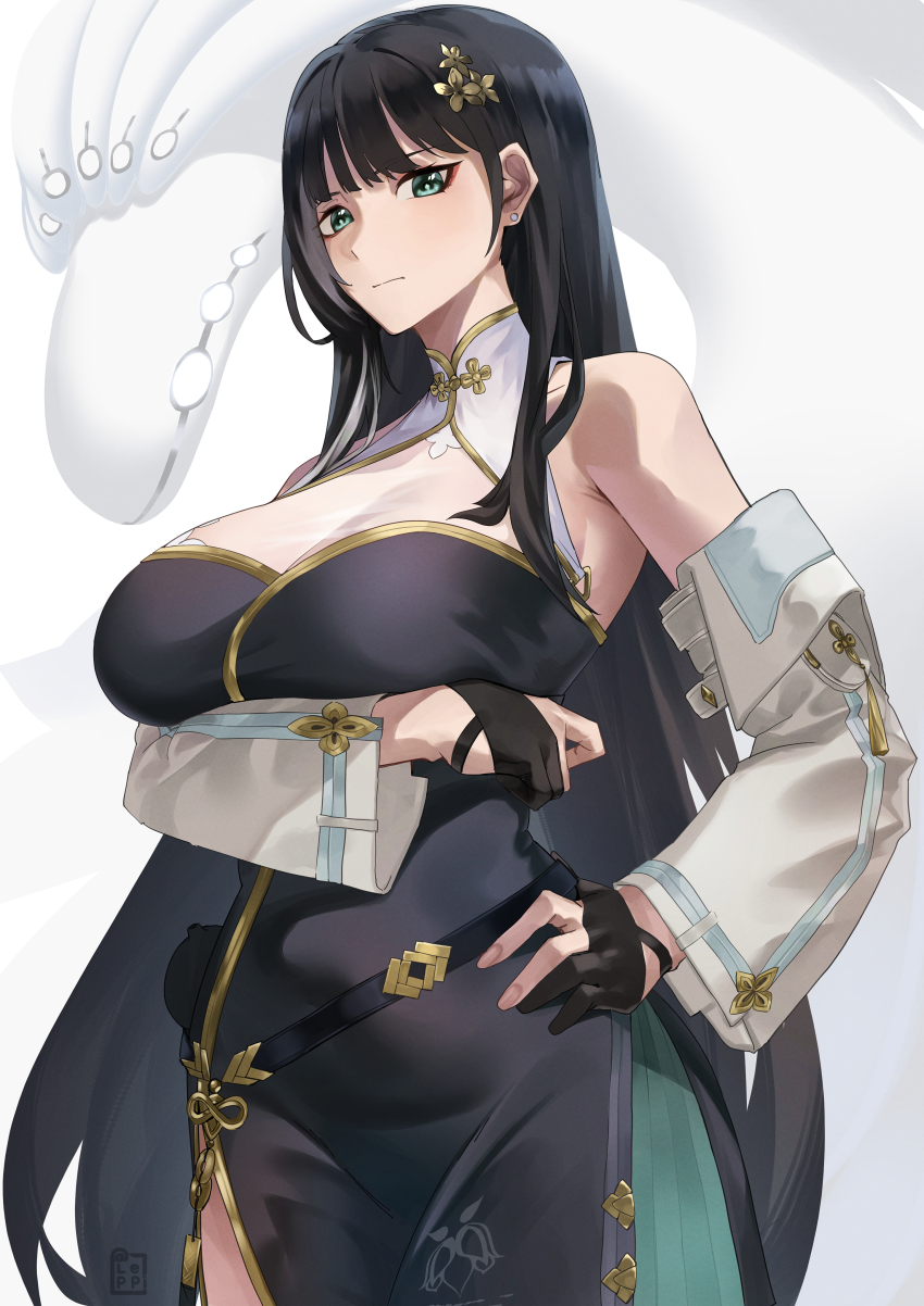 1girl, absurdres, artist_logo, baizhi_(wuthering_waves), bare_shoulders, black_dress, black_gloves, black_hair