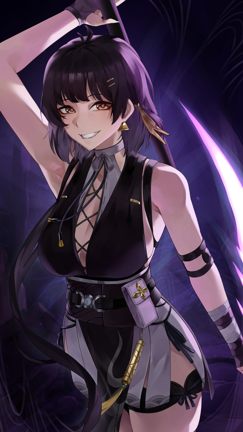 1girl, absurdres, antenna_hair, arm_up, armpit_crease, armpits, bandaged_arm, bandages