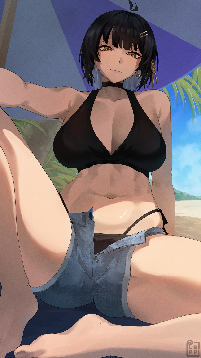 1girl, absurdres, antenna_hair, bare_legs, bare_shoulders, barefoot, bikini, black_bikini, black_choker, black_hair, breasts, choker, cleavage, closed_mouth, collarbone, colored_inner_hair, commentary, denim, denim_shorts, earrings, female_rover_(wuthering_waves), hair_ornament, hair_ribbon, hairclip, highres, jewelry, large_breasts, legs, leppib, looking_at_viewer, multicolored_hair, navel, ribbon, rover_(wuthering_waves), short_hair, shorts, sitting, solo, stomach, swimsuit, white_hair, wuthering_waves, yellow_eyes, yellow_ribbon