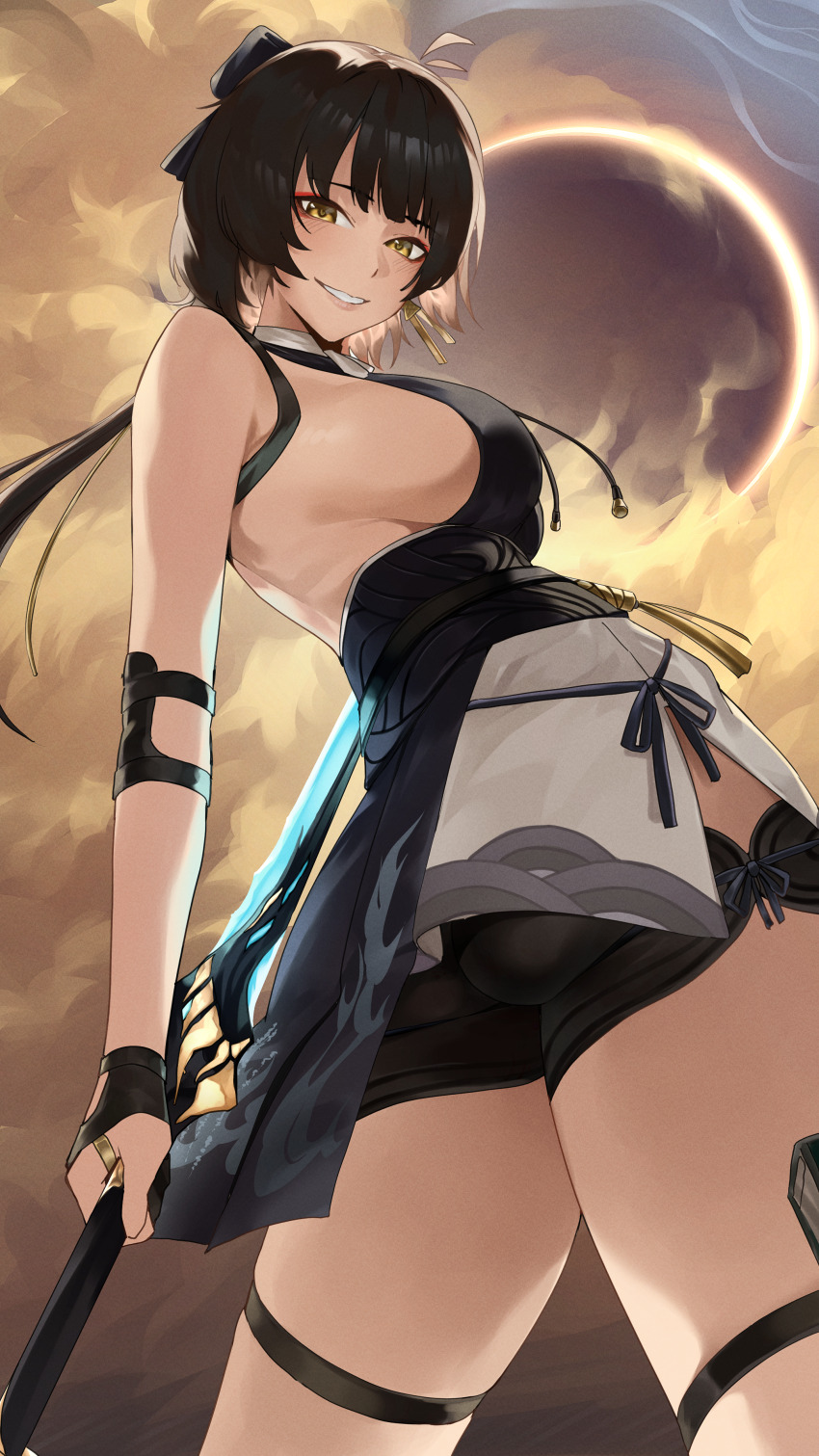 1girl, absurdres, bare_shoulders, black_bow, black_dress, black_gloves, black_shorts, bow