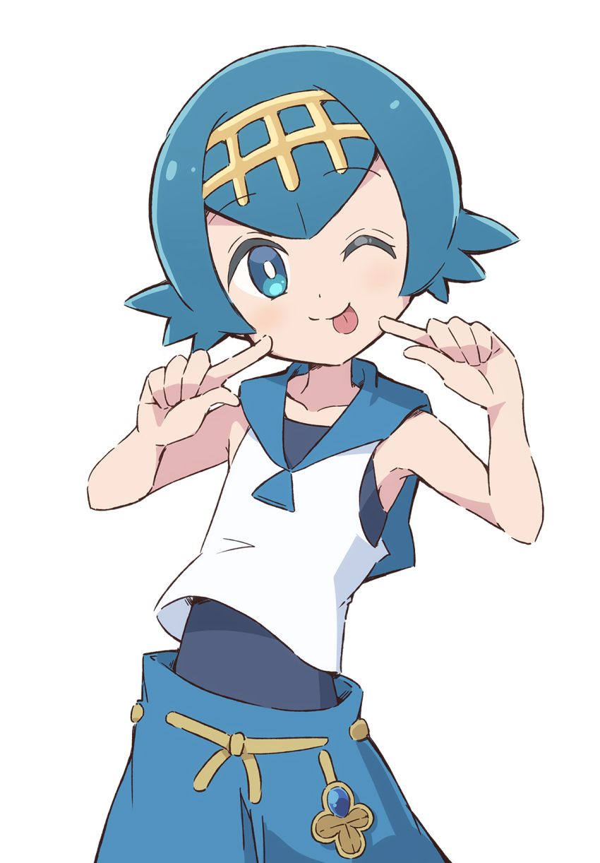 1girl, baggy_pants, blue_eyes, blue_hair, blush, chikuwa_(majihima), circlet, facing_viewer