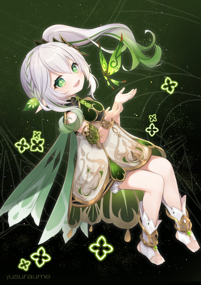 1girl, :d, black_background, bloomers, blush, bracelet, braid, bug