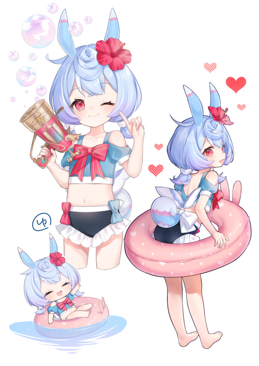 1girl, :d, animal_ears, aqua_bow, aqua_shirt, arm_up, back, barefoot, bikini, black_bikini, blue_hair, blush, bow, bowtie, bubble, chibi, closed_eyes, closed_mouth, clothing_cutout, collarbone, commentary_request, crop_top, crossed_bangs, eyelashes, feet, flower, frilled_bikini, frills, from_behind, genshin_impact, gradient_hair, gun, hair_between_eyes, hair_flower, hair_ornament, handgun, hands_up, heart, hibiscus, highres, holding, holding_gun, holding_weapon, index_finger_raised, innertube, looking_at_viewer, looking_back, low_twintails, median_furrow, medium_hair, midori_(m_ryokutya), midriff, multicolored_hair, multiple_views, navel, one_eye_closed, open_mouth, polka_dot, polka_dot_innertube, pom_pom_(clothes), pom_pom_hair_ornament, puffy_short_sleeves, puffy_sleeves, purple_hair, red_bow, red_bowtie, red_eyes, red_flower, shirt, short_sleeves, shoulder_cutout, sidelocks, sigewinne_(genshin_impact), simple_background, smile, stomach, swim_ring, swimsuit, tail, twintails, water, weapon, white_background, white_bow