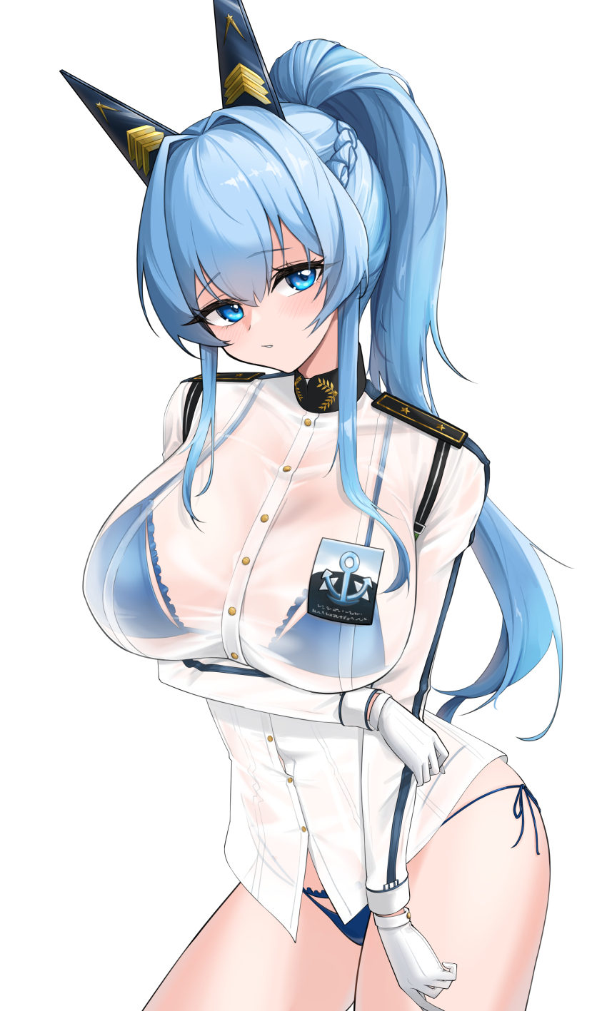 1girl, absurdres, bikini, bikini_under_clothes, blue_bikini, blue_eyes, blue_hair, blush