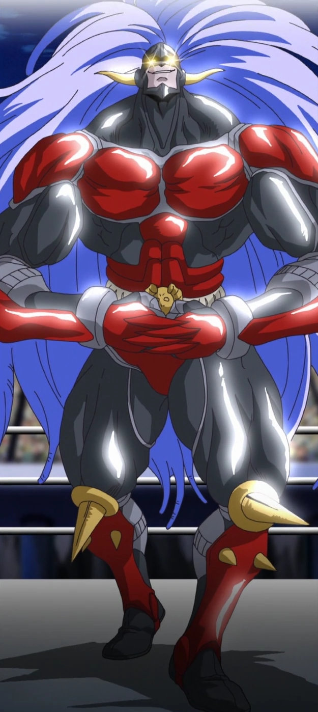 00s, 1boy, abs, anime_screenshot, baron_maximilian, belt, biceps, claw_(weapon), clenched_hands, dated, evil_grin, evil_smile, full_body, grin, highres, kinnikuman, kinnikuman_nisei, large_pectorals, long_hair, looking_at_viewer, manly, monster_boy, muscular, pectorals, pointy_ears, shaded_face, smile, solo, standing, third-party_edit, toei_company, weapon, wrestling, wrestling_outfit