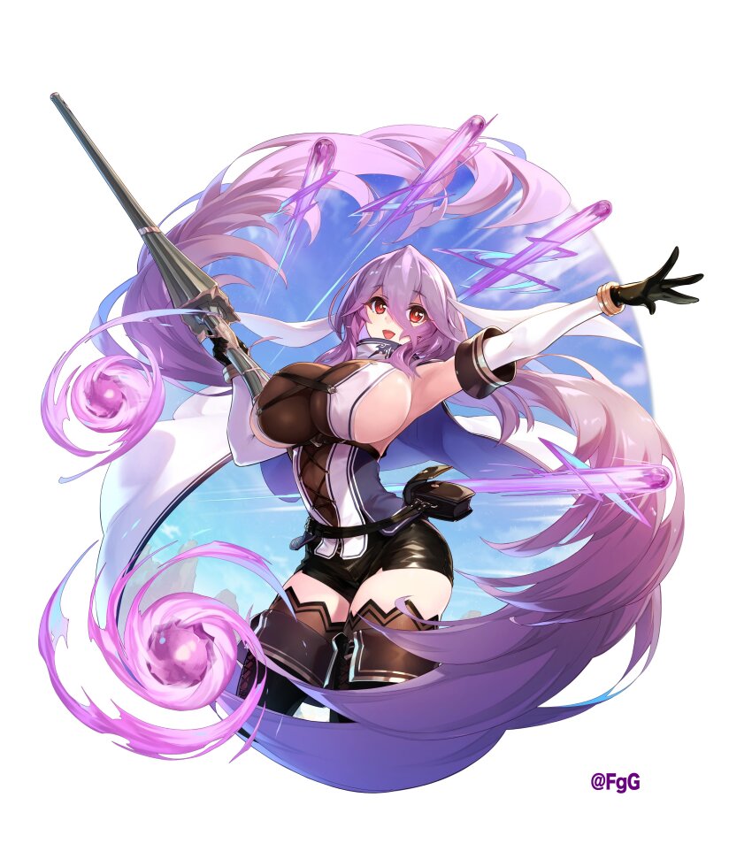 1girl, :d, absurdres, black_gloves, black_shorts, blue_sky, boots, breasts, brown_thighhighs, cloak, cloud, commentary_request, cowboy_shot, cropped_legs, day, fanny_pack, floating_cape, freischutz_(phantom_of_the_kill), gloves, gun, hair_between_eyes, highres, holding, holding_gun, holding_weapon, kurogi, large_breasts, long_hair, looking_at_viewer, official_art, open_mouth, outstretched_arm, phantom_of_the_kill, purple_hair, red_eyes, second-party_source, short_shorts, shorts, sideboob, sky, smile, solo, thigh_boots, thighhighs, very_long_hair, weapon, white_cloak