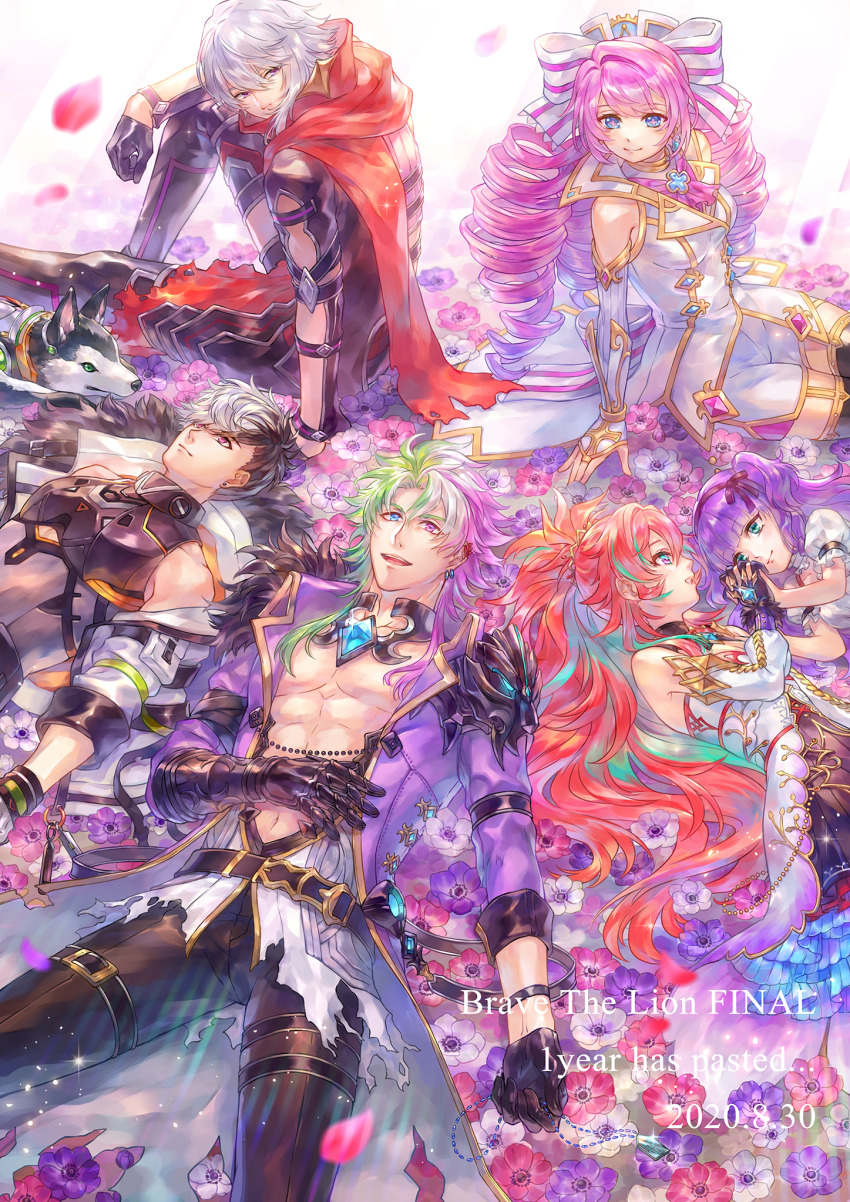 3boys, 3girls, abs, douglas_(shironeko_project), drill_hair, flower, fur-trimmed_jacket, fur_trim