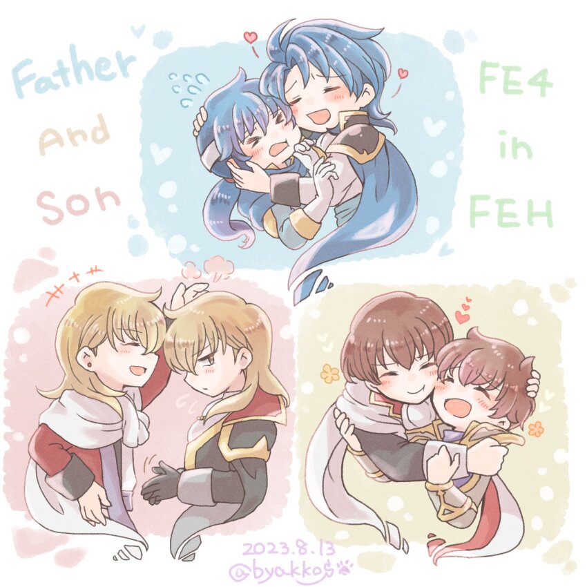 >_<, 6+boys, ares_(fire_emblem), blonde_hair, blue_cape, blue_hair, blush, brown_hair