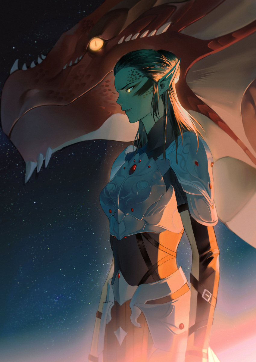 1girl, absurdres, armor, baldur's_gate, baldur's_gate_3, brown_hair, colored_skin, cuirass