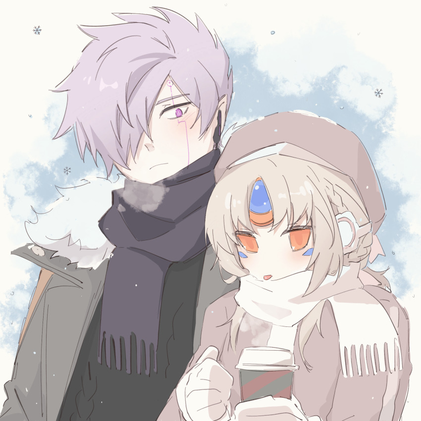 add_(elsword), alternate_costume, android, black_scarf, brown_hat, brown_sweater, closed_mouth, commentary_request