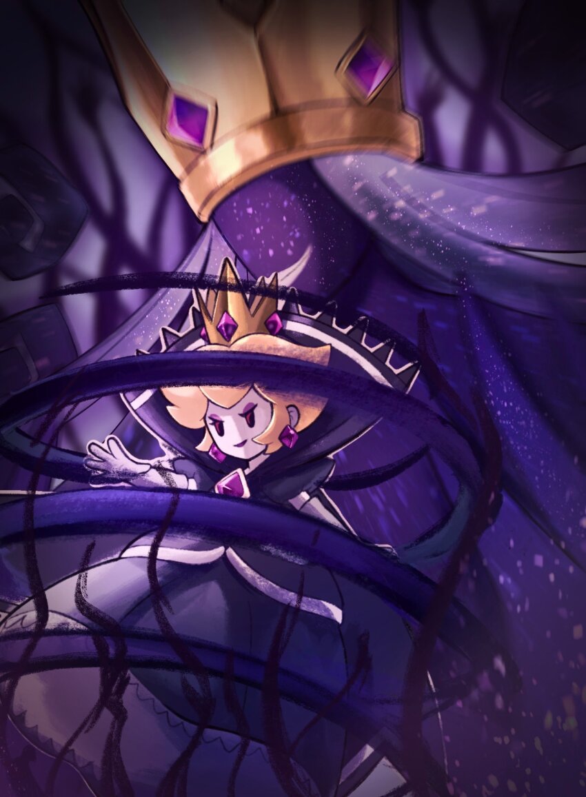 2girls, blonde_hair, colored_skin, commshoo, corruption, crown, dark_persona, dress