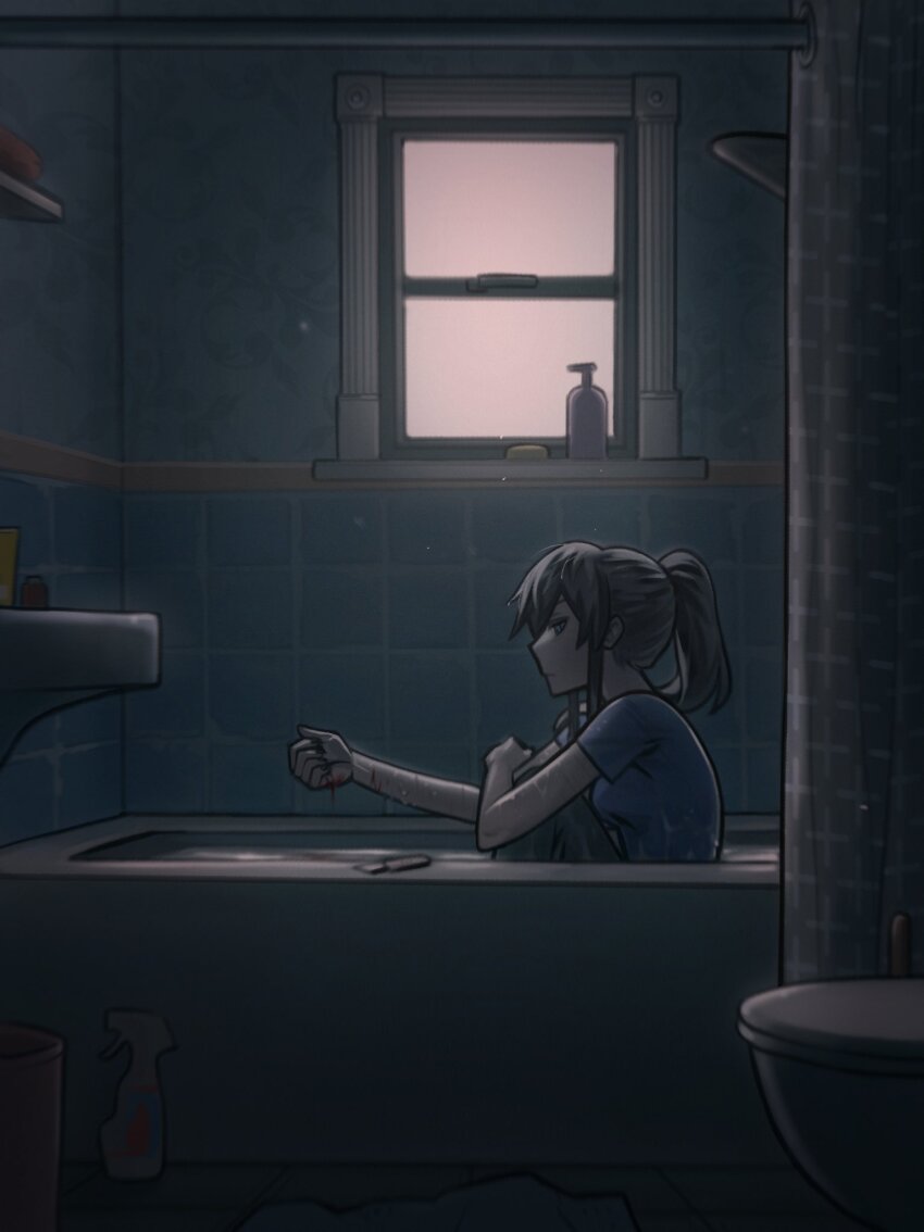 1girl, bathroom, bathtub, black_hair, blood, blood_on_arm, blood_on_hands, blue_eyes