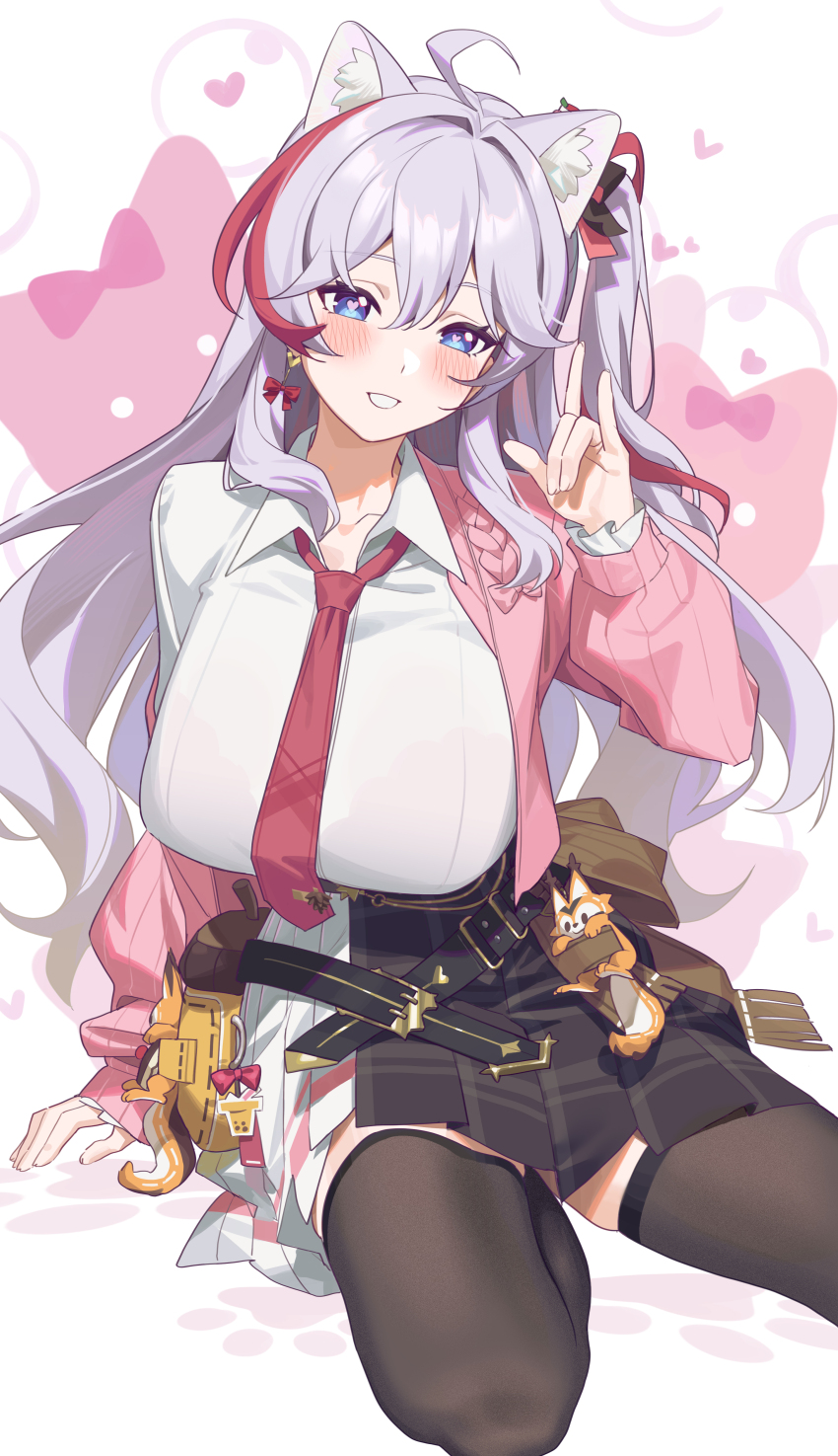 1girl, absurdres, ahoge, airseal, animal_ears, arm_support, black_skirt, black_thighhighs, blush, bra_visible_through_clothes, breasts, cat_ears, cat_girl, commentary_request, heart, heart-shaped_pupils, highres, jacket, kanami_(heartbeat_memories)_(strinova), kanami_(strinova), large_breasts, long_hair, looking_at_viewer, multicolored_hair, necktie, pink_hair, pink_jacket, pleated_skirt, purple_eyes, red_hair, red_necktie, sitting, skirt, smile, solo, streaked_hair, strinova, symbol-shaped_pupils, thighhighs, two-tone_skirt, white_background, white_skirt