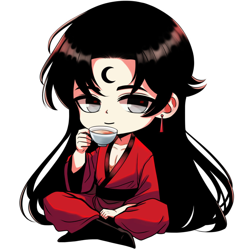 1boy, absurdres, black_hair, chibi, closed_mouth, cup, grey_eyes, hand_up