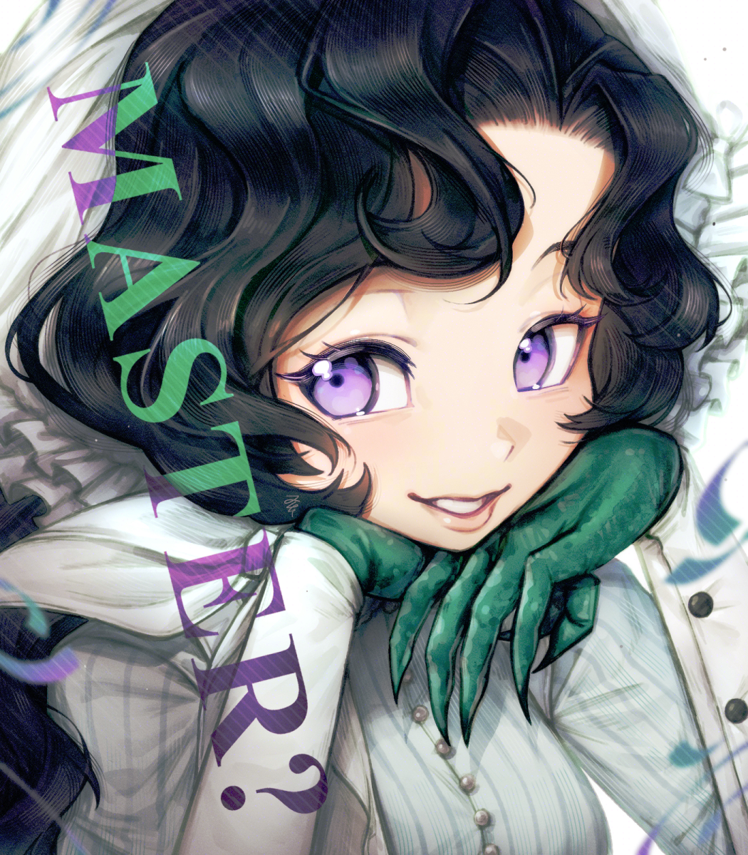 1girl, anjo_nala, black_hair, english_text, gloves, green_gloves, grin, hands_on_own_chin