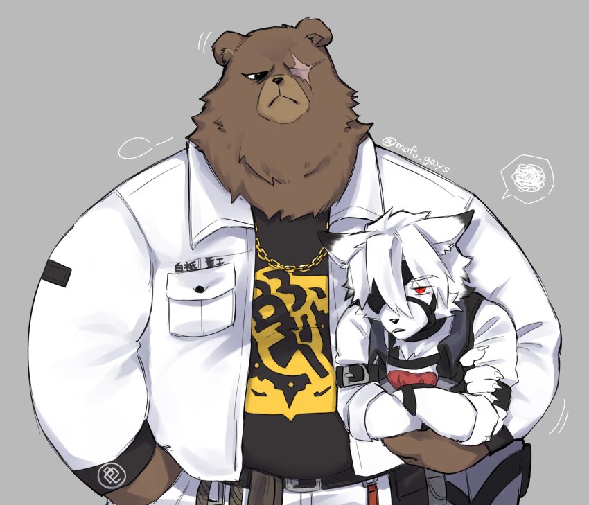 2boys, animal_ears, ascot, bear_boy, bear_ears, belly, belt, ben_bigger