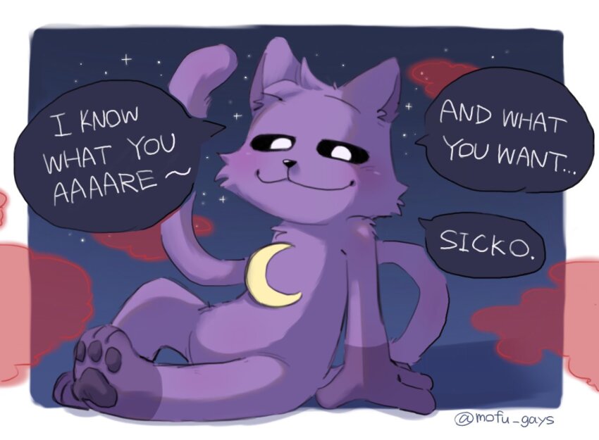 1boy, animal_ears, black_sclera, cat_boy, cat_ears, cat_tail, catnap_(poppy_playtime), colored_sclera, commentary_request, english_text, furry, furry_male, looking_at_viewer, male_focus, mofu_gays, moon, pawpads, poppy_playtime, red_clouds, sitting, smile, speech_bubble, star_(sky), tail, twitter_username, white_eyes